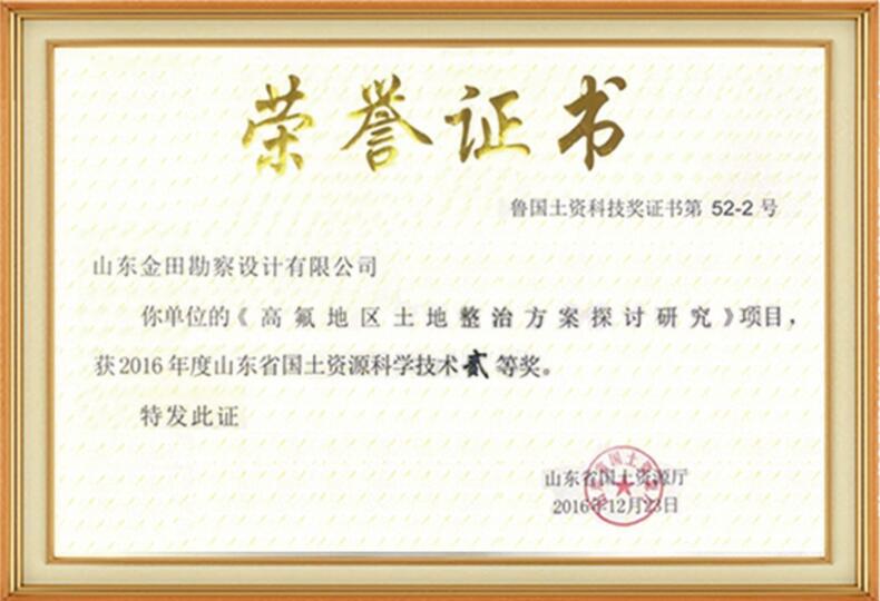 山东省国土资源科学技术二等奖